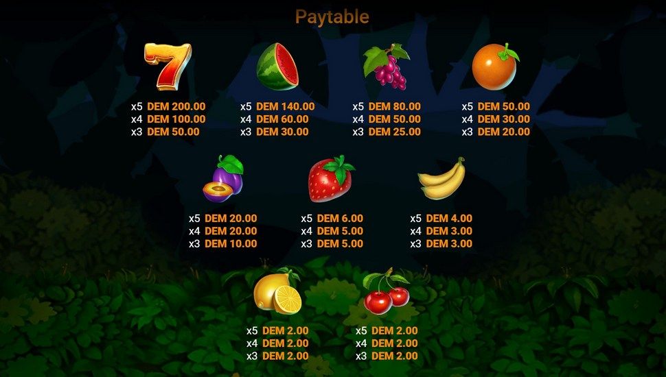 Fruits and Bombs slot paytable