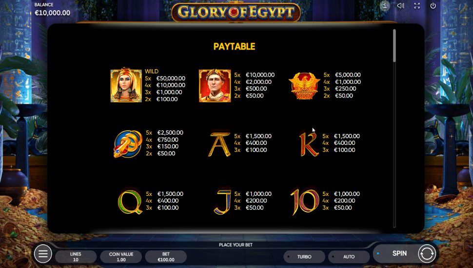 Glory of Egypt slot - paytable