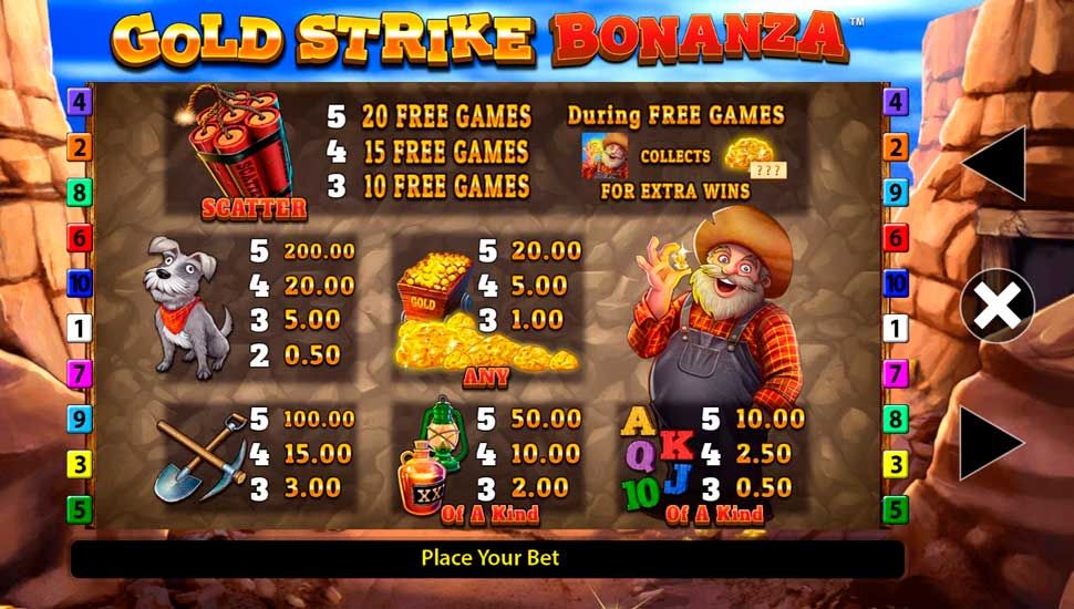 Gold strike bonanza fortune play slot - paytable