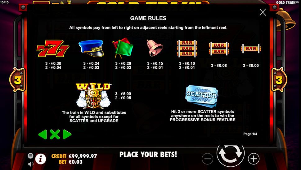 Gold train slot paytable