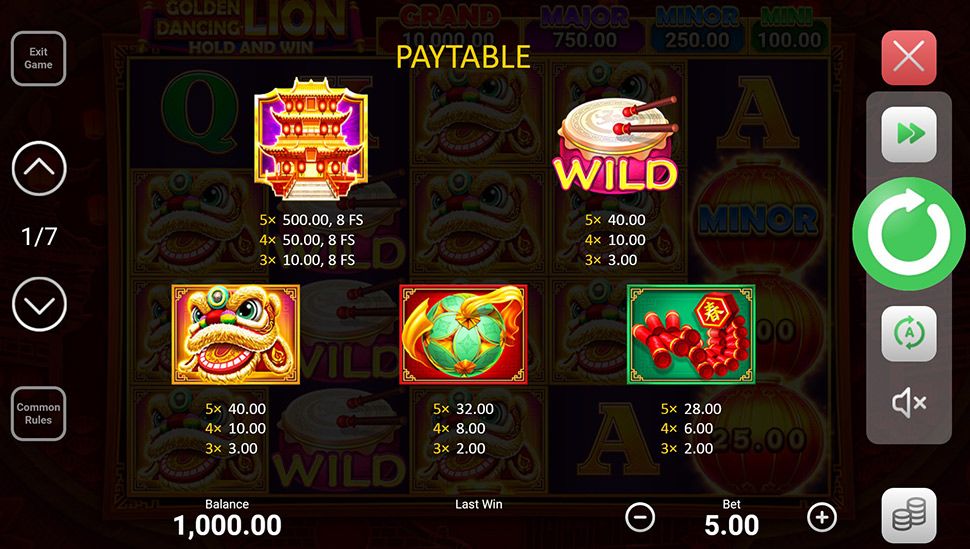 Golden Dancing Lion - paytable