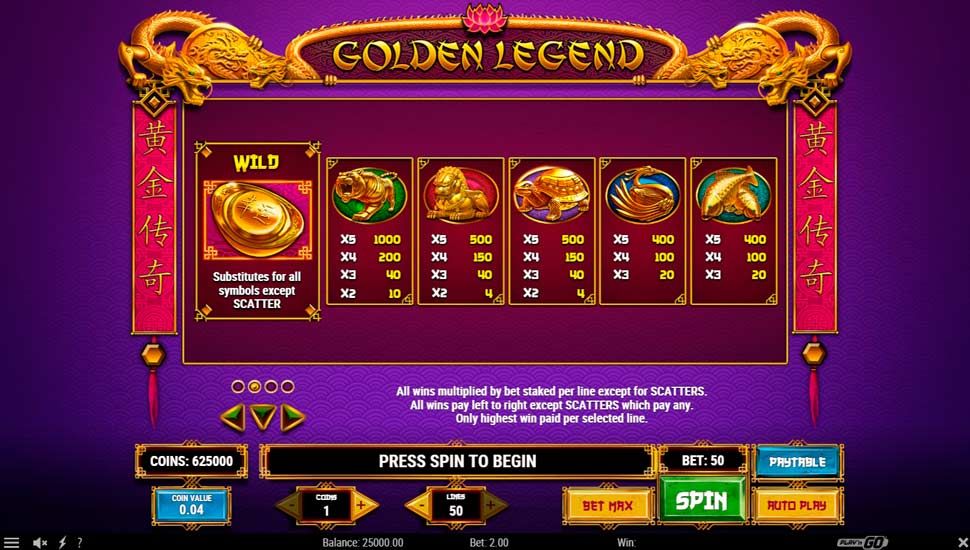 Golden legend slot paytable
