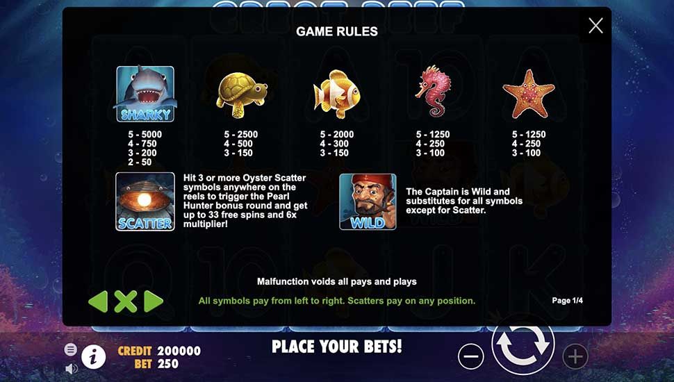 Great Reef slot paytable