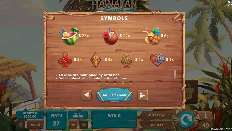 Hawaiian Fever slot paytable