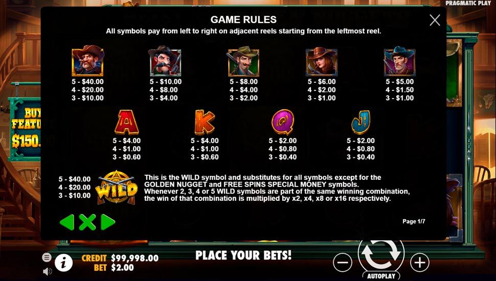 Heist for the Golden Nuggets slot paytable