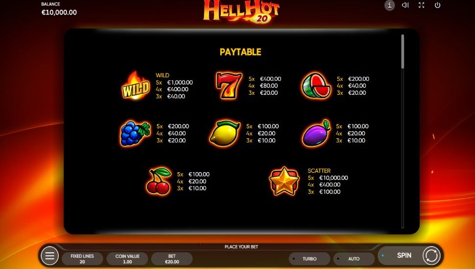 Hell hot 20 slot - payouts