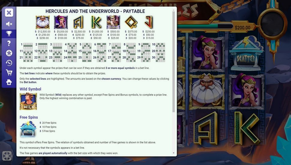 Hercules in the Underworld slot Paytable