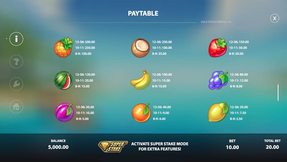 Hola Frutas slot paytable
