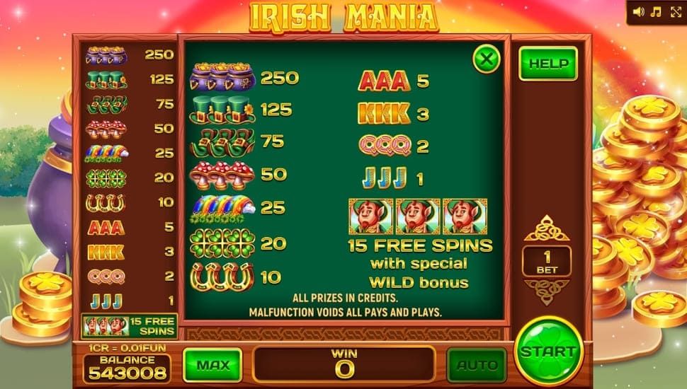 Irish mania 3x3 slot paytable