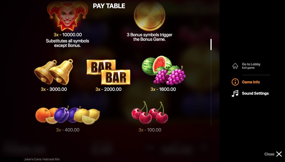 Joker's Coins: Hold and Win slot paytable
