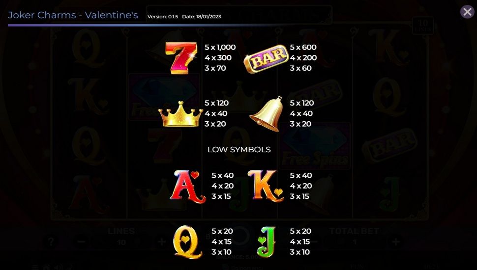 Jokers charms valentines slot paytable