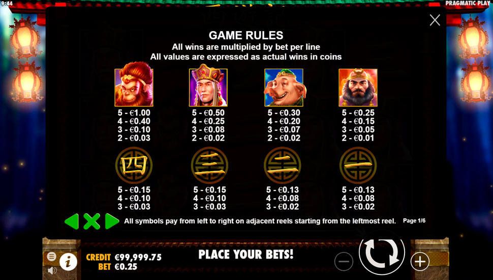 Journey to the West slot paytable