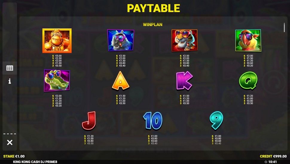 King Kong Cash DJ Prime8 slot paytable