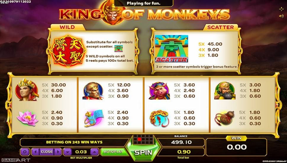 King Of Monkeys slot Paytable