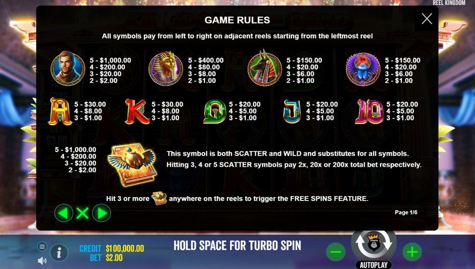 Kingdom of the dead slot paytable