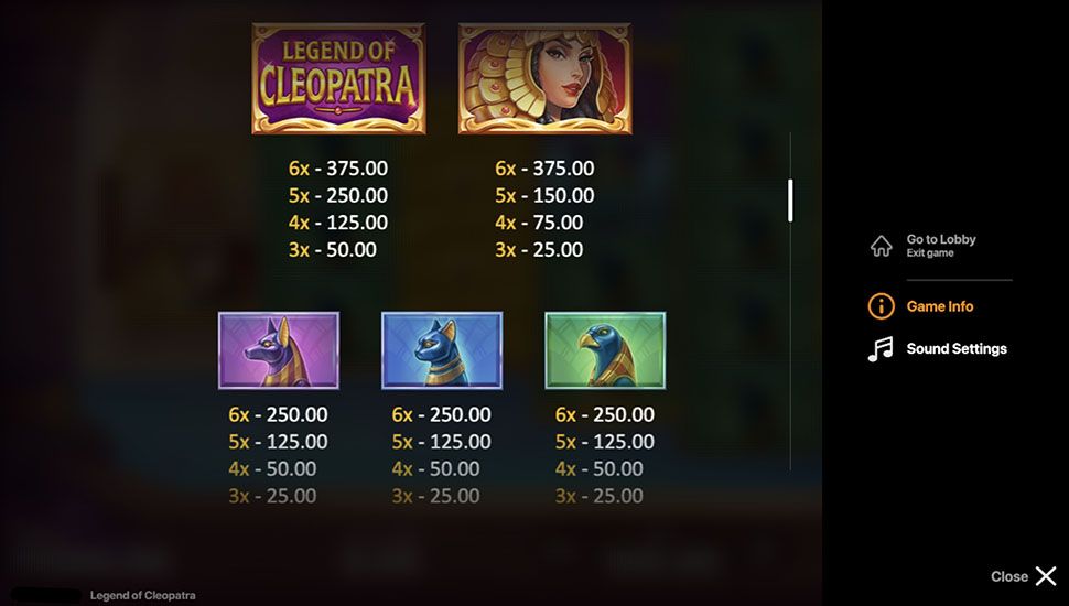 Legend of Cleopatra slot paytable