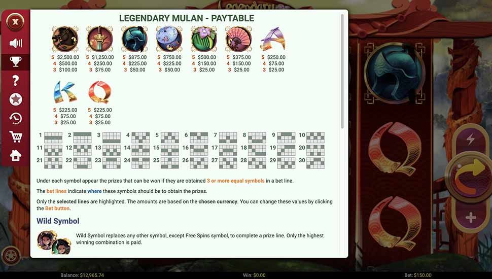 Legendary Mulan slot paytable
