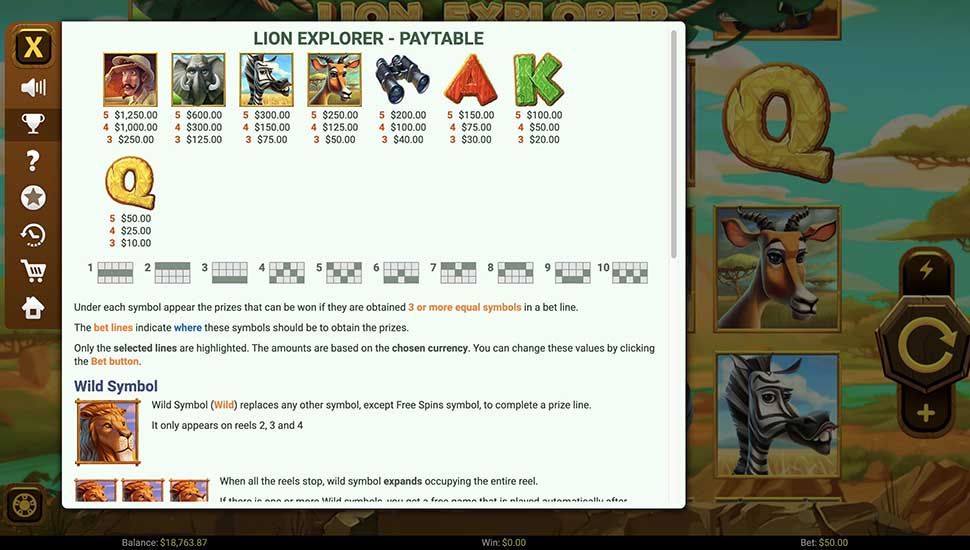 Lion Explorer slot paytable