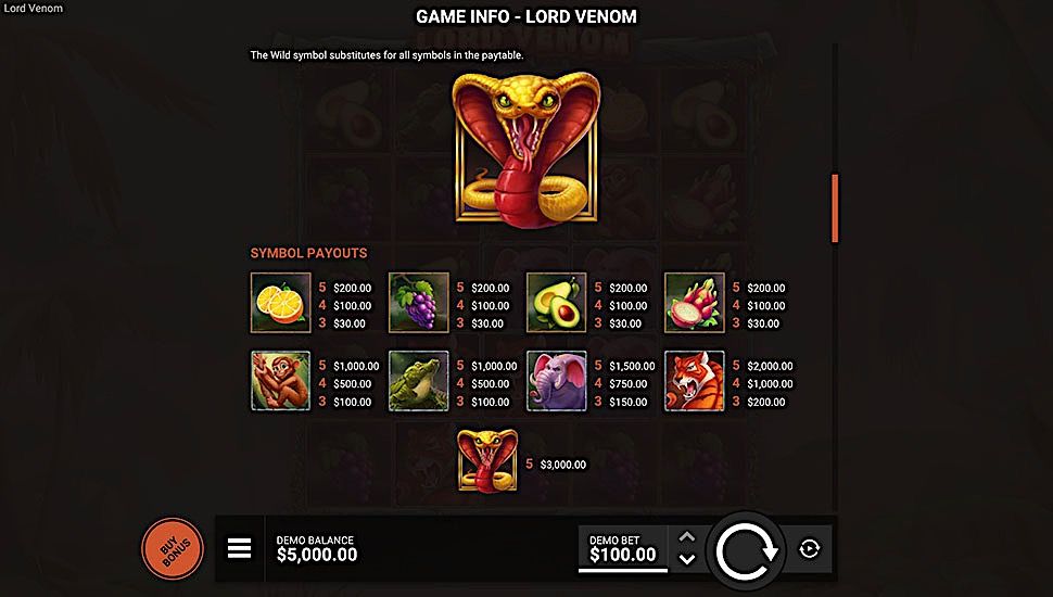 Lord Venom slot paytable