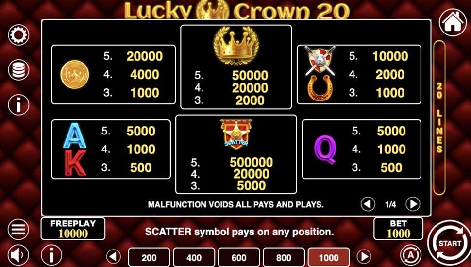 Lucky Crown 20 slot paytable