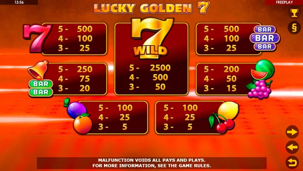 Lucky golden 7 slot paytable