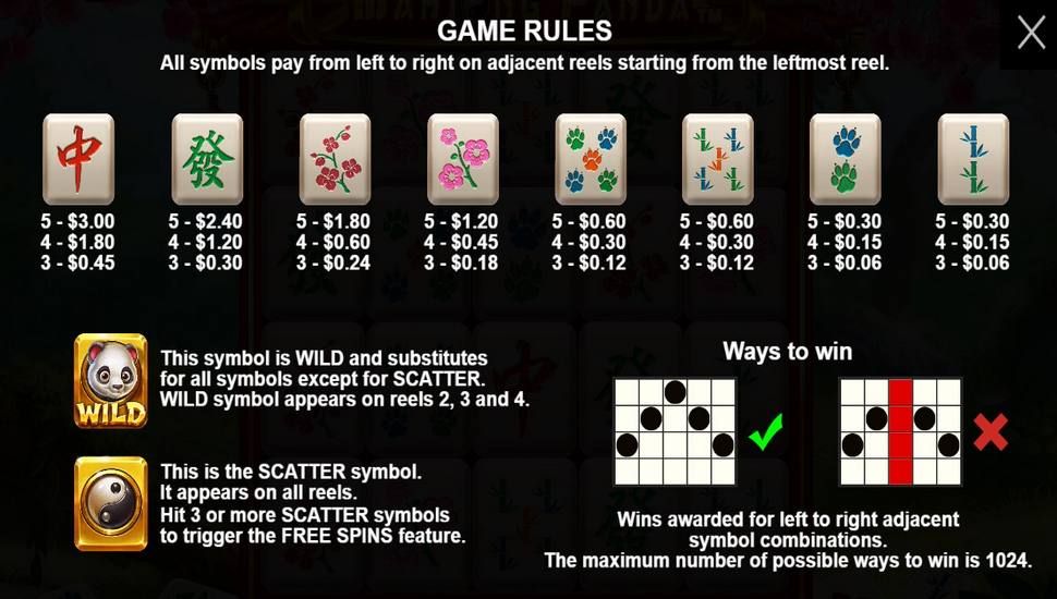 Mahjong Panda Slot - Paytable