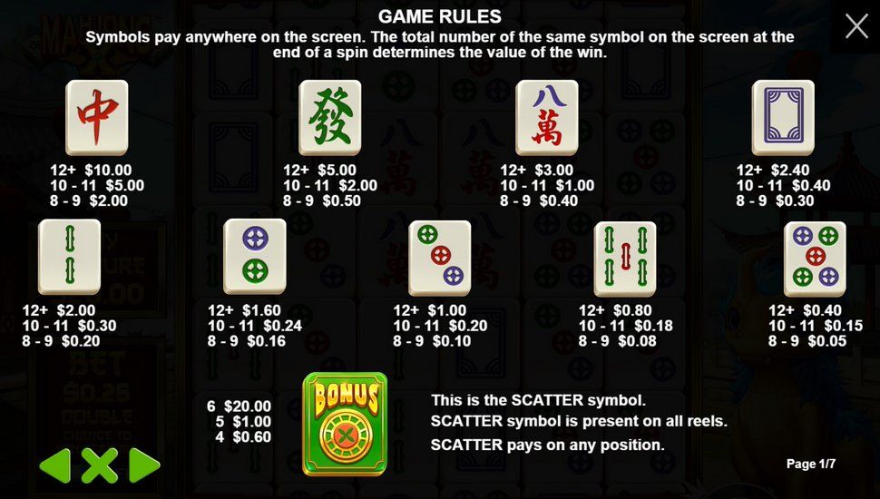 Mahjong X slot paytable
