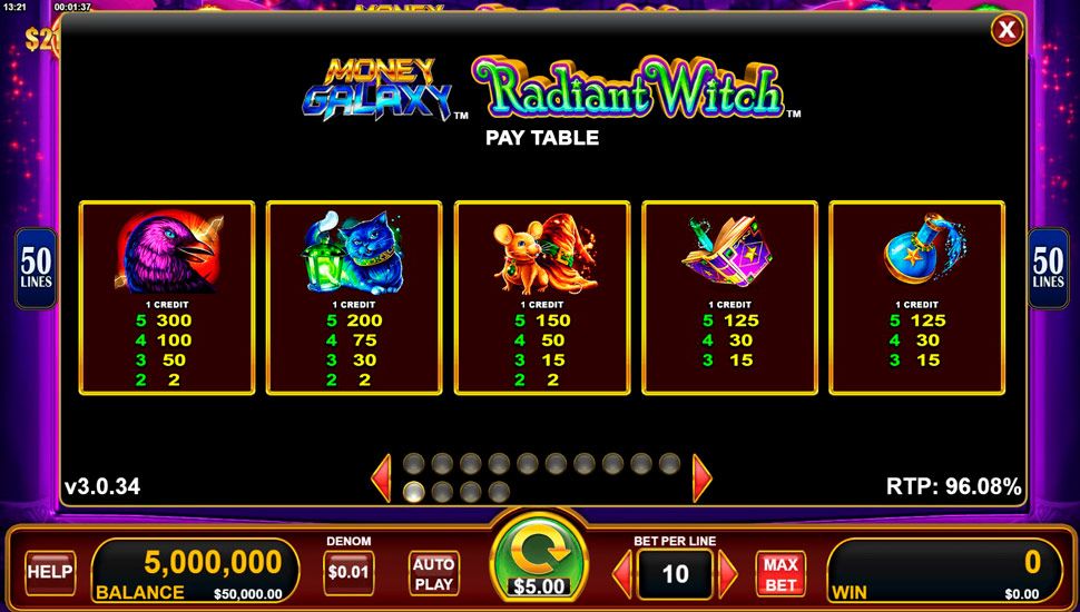 Money galaxy radiant witch slot - paytable