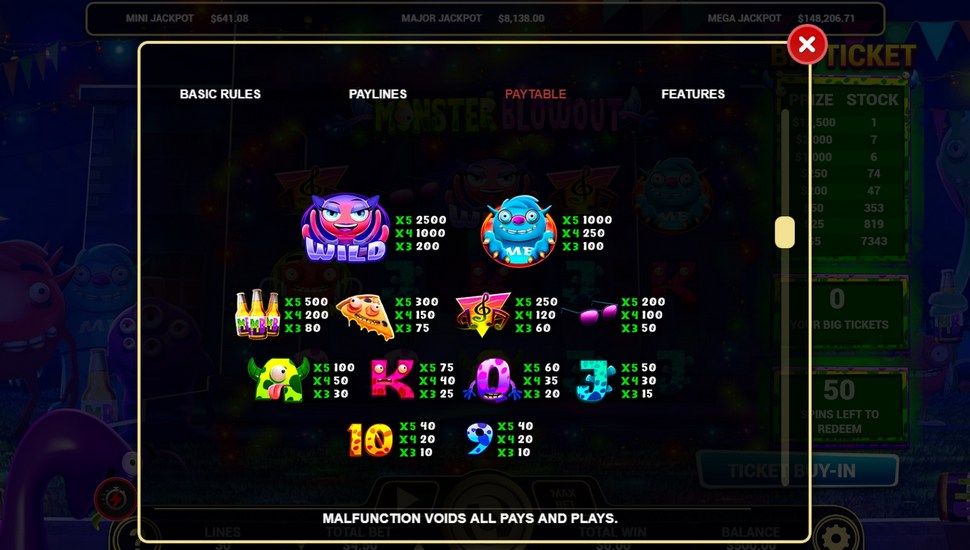 Monster Blowout slot Paytable