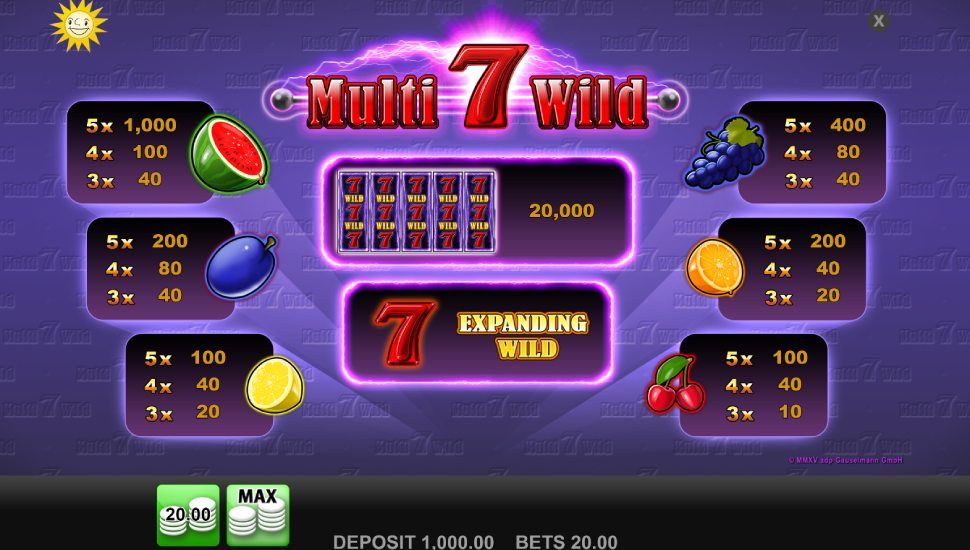 Multi 7 wild slot - Paytable