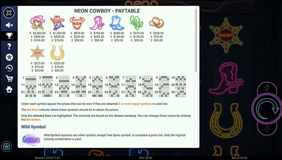 Neon Cowboy slot paytable