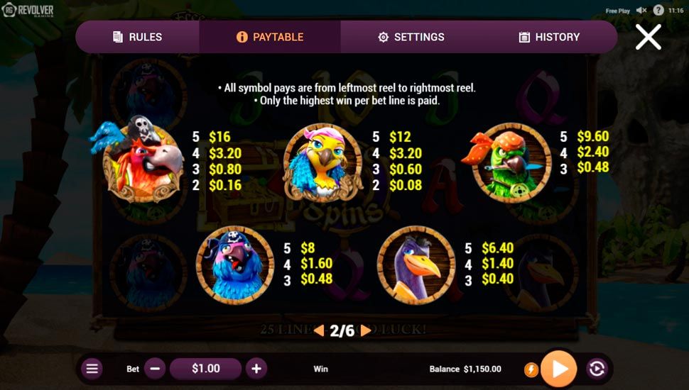 Parrots of the caribbean slot paytable