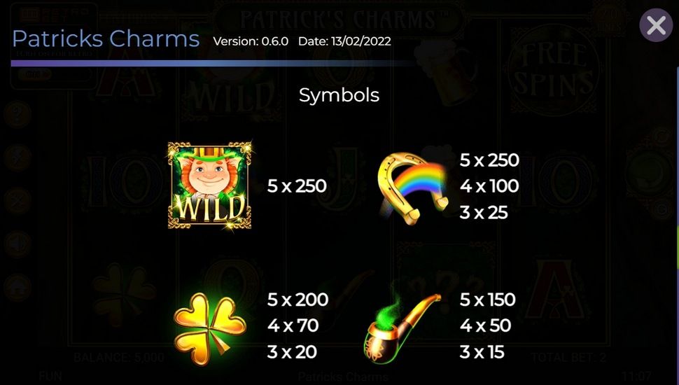 Patrick's charms slot paytable