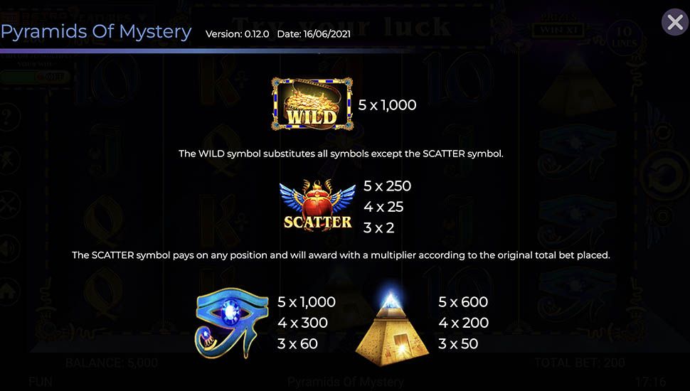 Pyramids of Mystery slot paytable