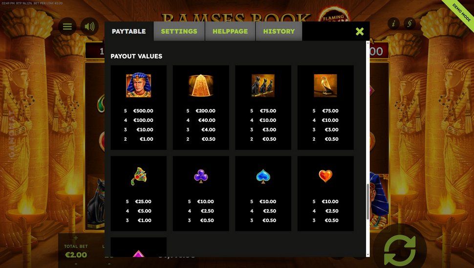 Ramses Book Flaming Link slot paytable