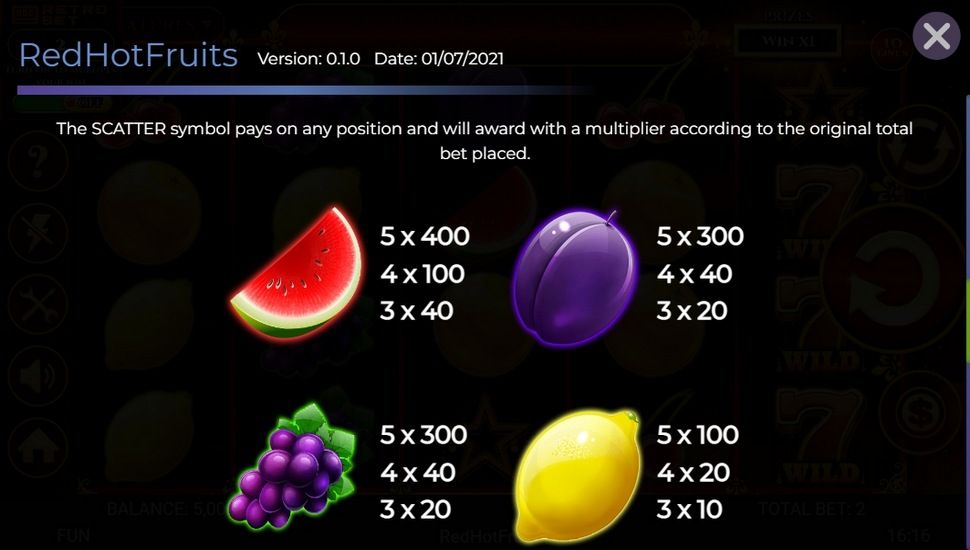 Red hot fruits slot paytable