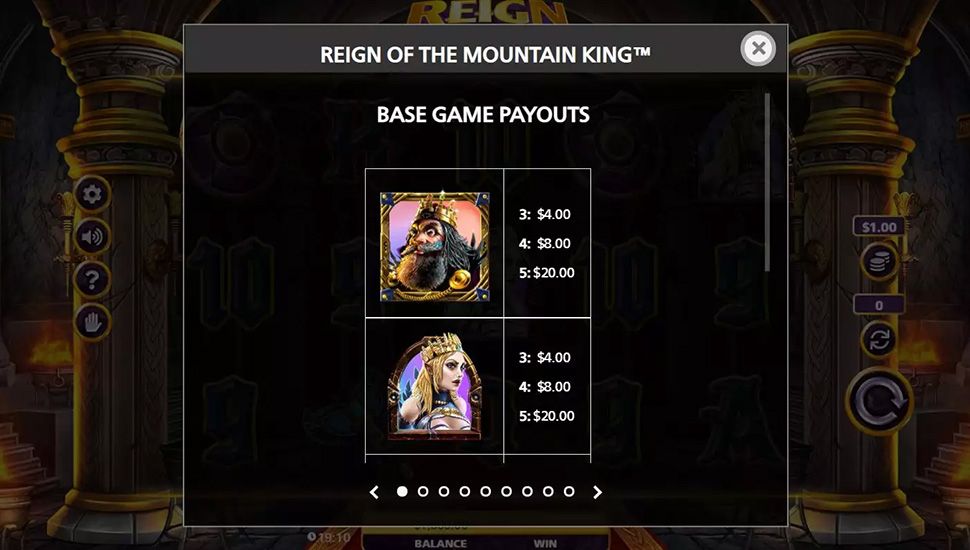 Reign of the Mountain King slot paytable