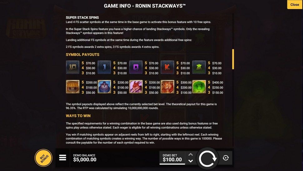 Ronin StackWays slot Paytable