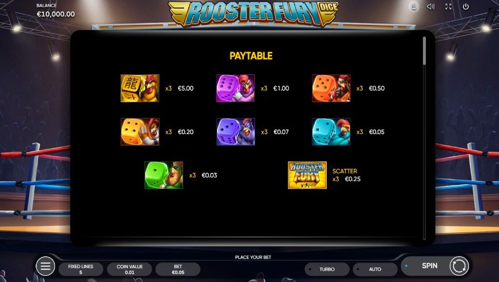 Rooster Fury Dice slot - payouts