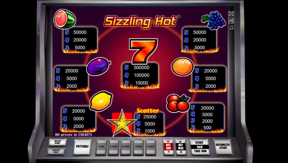 Sizzling hot slot - paytable