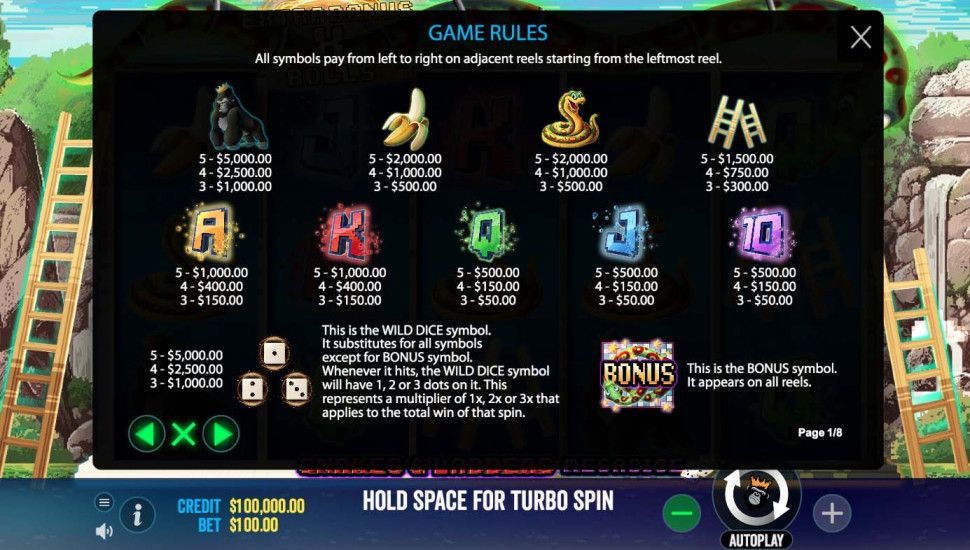 Snakes and Ladders Megadice slot paytable