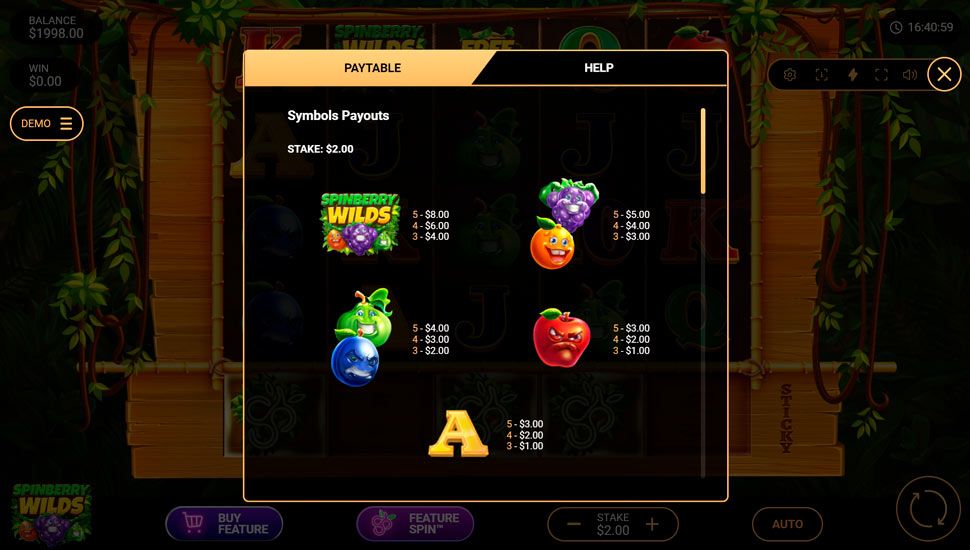 Spinberry Wilds slot paytable