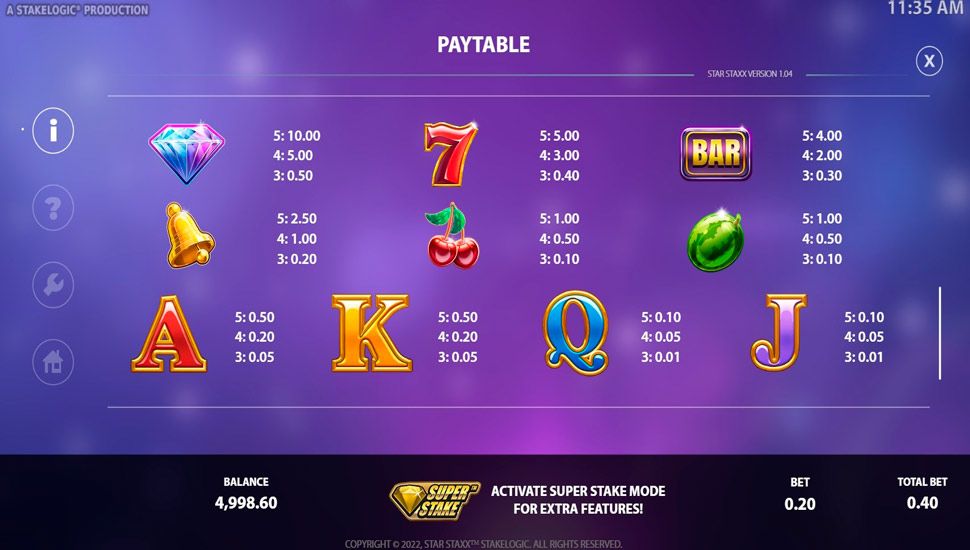 Star Staxx slot paytable