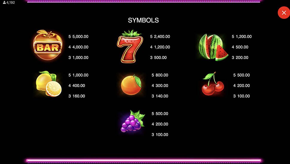 Starlite Fruits Mega Moolah slot paytable