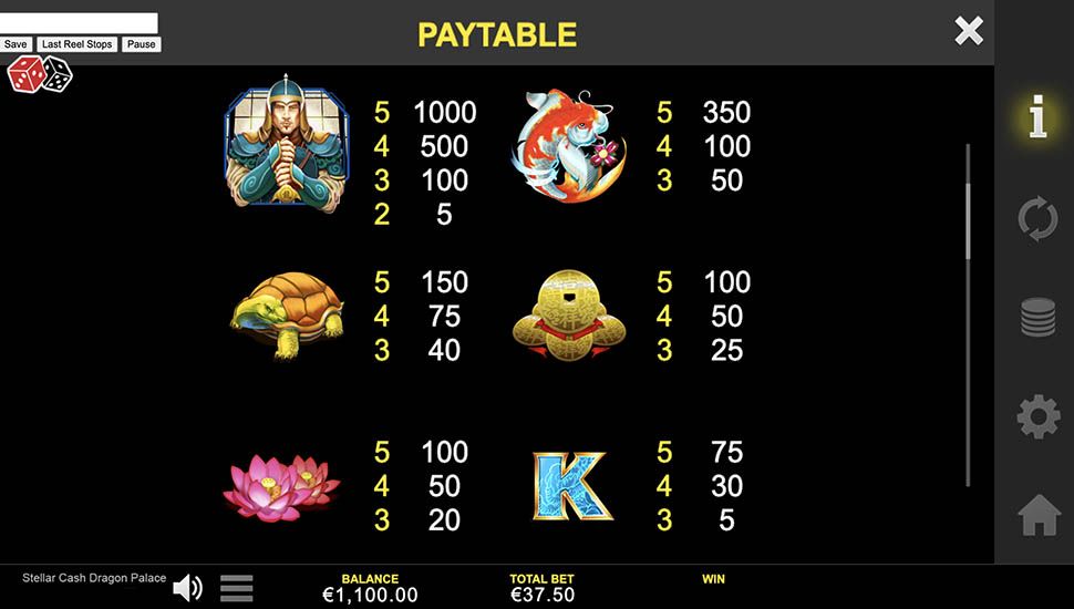 Stellar Cash Dragon Palace slot paytable
