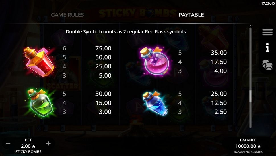 Sticky bombs slot paytable