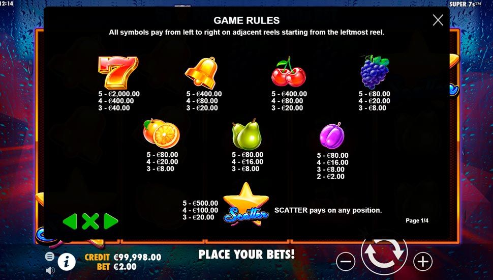 Super 7s slot paytable