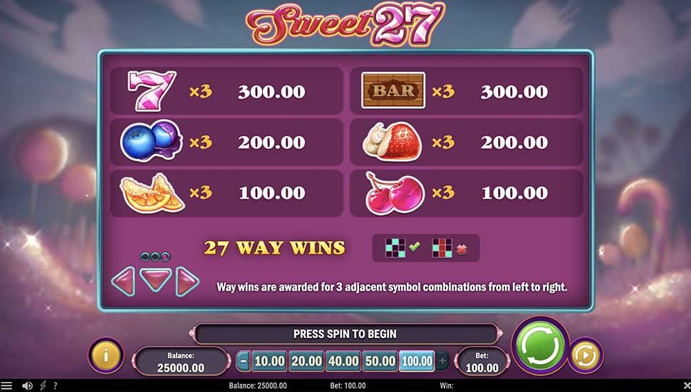 Sweet 27 slot paytable