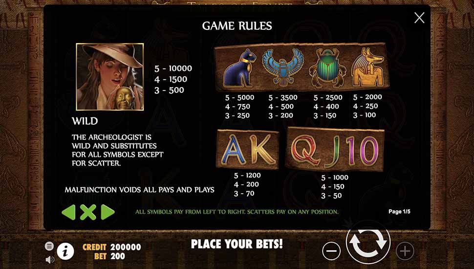 Tales of Egypt slot paytable