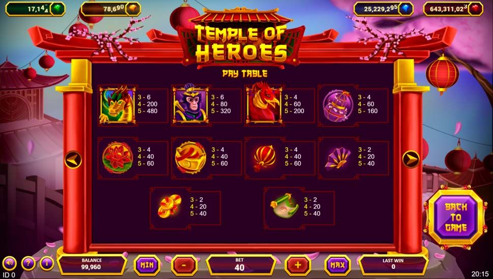 Temple of Heroes slot paytable